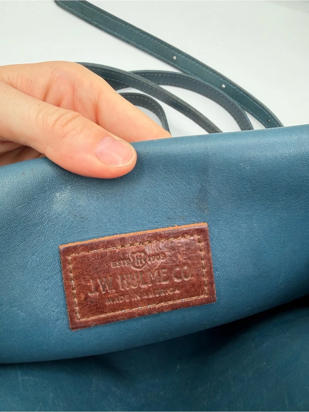 RARE Vintage J.W. Hulme Co. USA Teal/Slate Blue Leather Flap Crossbody Bag